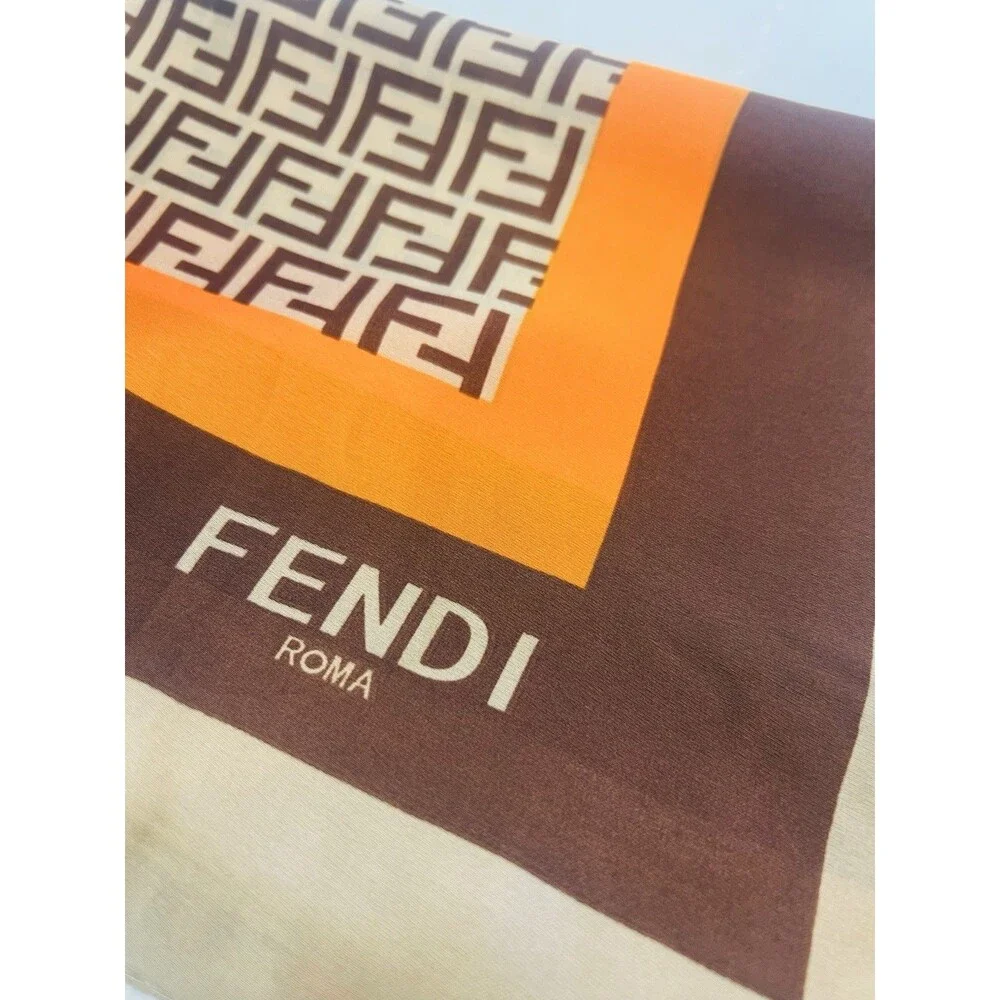 Fendi FF Logo Silk Scarf Brown & Orange 100% Silk 70” x 35”
